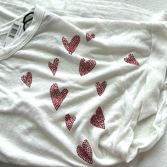 ZADIG & VOLTAIRE ANYA HEART LINEN SHORT SLEEVE T WHT RED CRYSTAL HEARTS SMALL - Picture 3 of 7